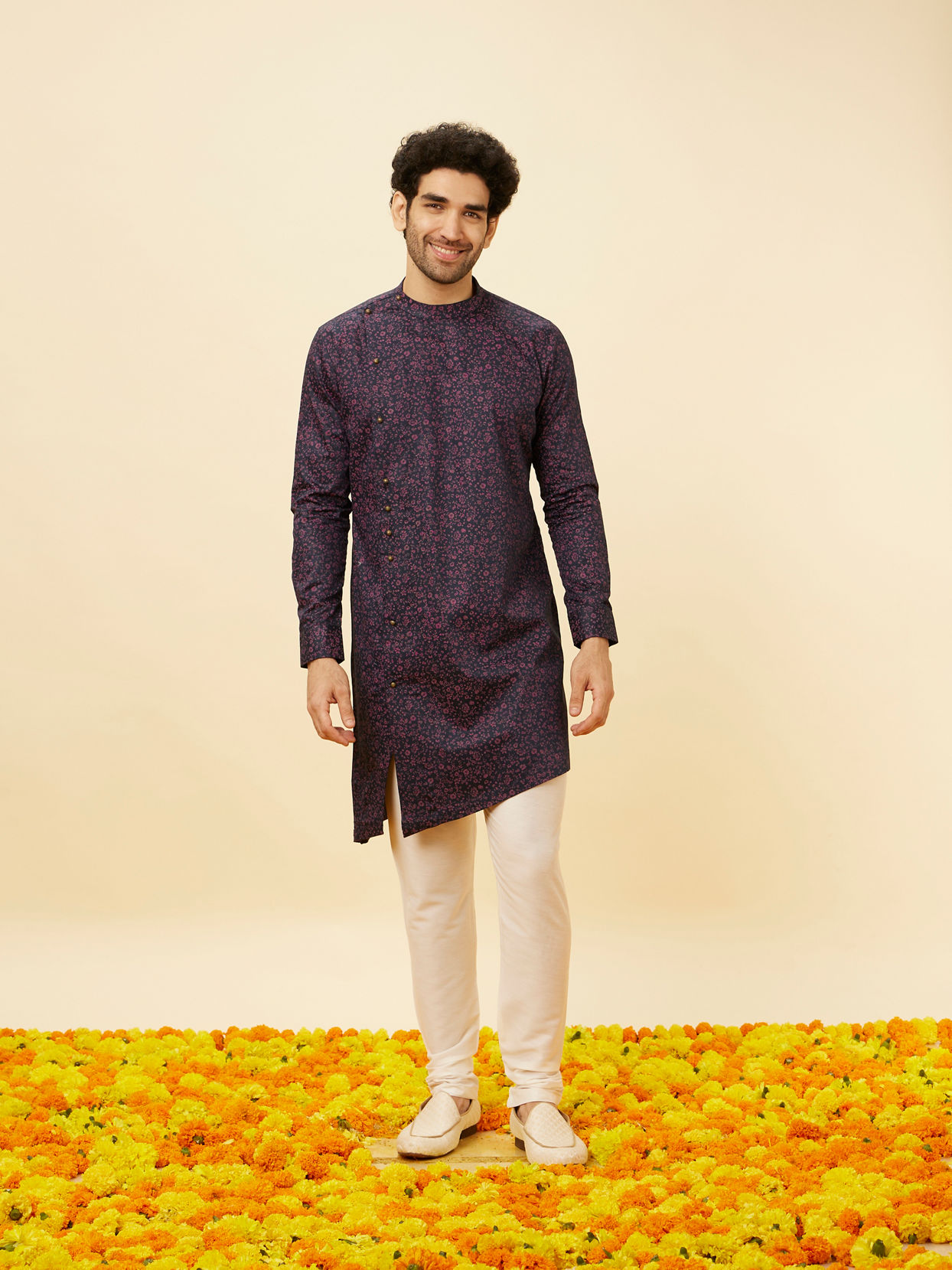 alt message - Manyavar Men Royal Blue Angrakha Style Bel Buti Printed Kurta Set image number 2